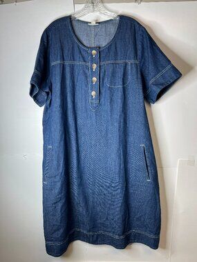 J. JILL Denim Women's Large Celtic Sea Blue Denim Dress Pockets Short Sleeve